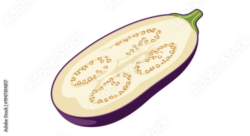 A detailed vector illustration of a half-cut purple eggplant or aubergine showing its internal seeds, isolated on a clean white background.