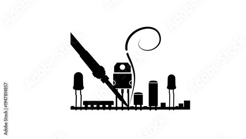 soldering iron and integrated circuit, black isolated silhouette