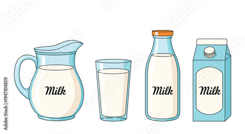 Collection of milk products in a vector cartoon style, including a jug, glass, bottle, and carton, all labeled and isolated on white.