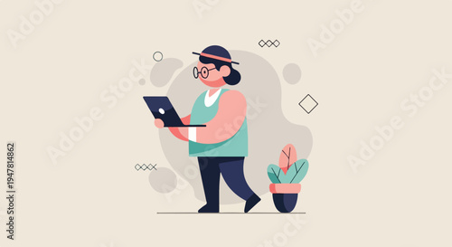Person in hat and glasses with laptop, near plant, amidst abstract shapes
