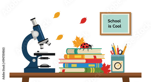Back to school concept illustration with a microscope, a stack of books, a ladybug, and autumn leaves on a desk in a classroom setting.