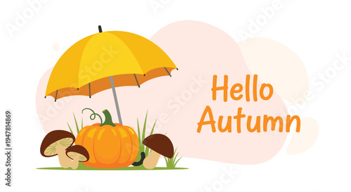 Whimsical "Hello Autumn" greeting card design featuring a pumpkin and mushrooms under a bright yellow umbrella on a soft background.