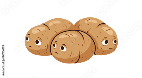 Three cute but sad-looking potato characters with expressive eyes, huddled together in a group, isolated on a clean white background.