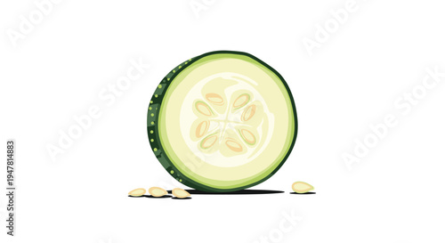 A single, fresh green cucumber slice shown in cross-section with visible seeds inside and a few seeds spilled onto the surface.