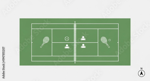 Overhead View of Tennis Court with Players and Net.