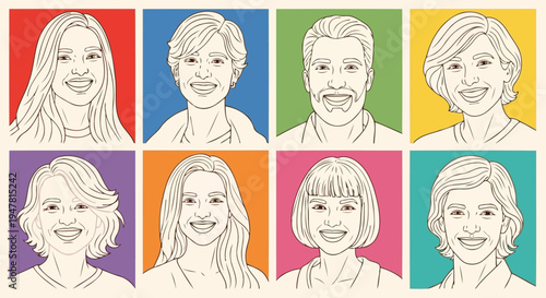 Diverse mature adult faces line art community collage vector drawing