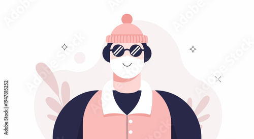 Person wearing a face mask, hat, and sunglasses against abstract background