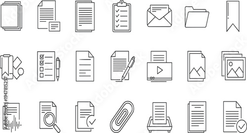 Black Line Document Icon Set for File Management, Office Paperwork, Checklist Organization, Digital Archiving, Multimedia Content, Business Reports, and Education.