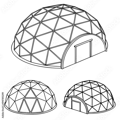 Vector illustration icons of geodesic dome structures in various stages of complexity on a white background