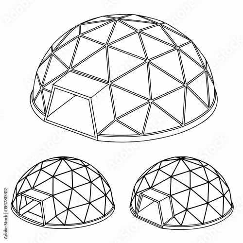 Vector illustration icons of geodesic dome structures in various stages of complexity on a white background