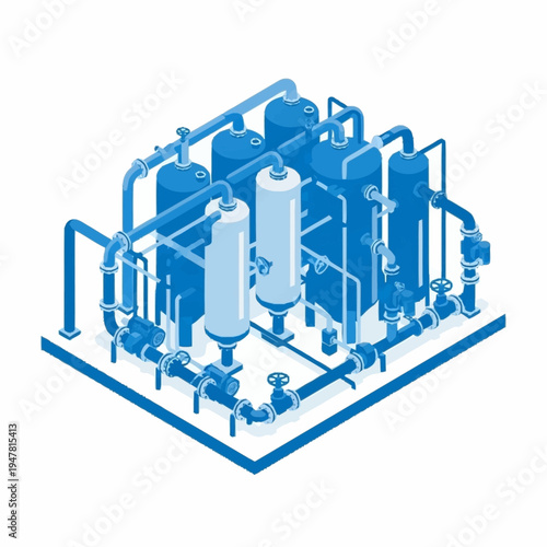 Isometric illustration of an industrial water treatment plant with pipes and tanks.