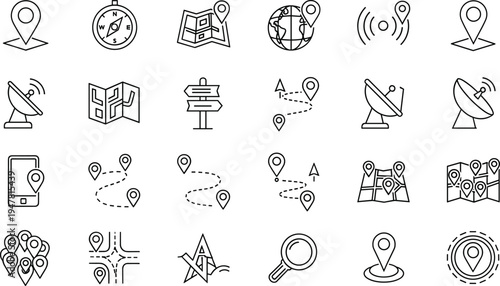 Black Line Navigation Icon Set for GPS Tracking, Map Location, Travel Direction, Satellite Signal, Route Planning, Wayfinding Symbols, and Mobile Interface.