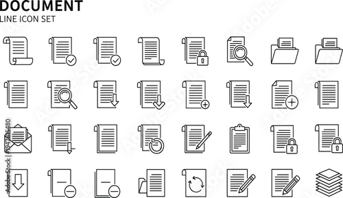 Black Line Document Icon Set for Paperwork Management, File Folders, Data Storage, Business Contracts, Digital Documentation, and Office Workflow Interface Design.