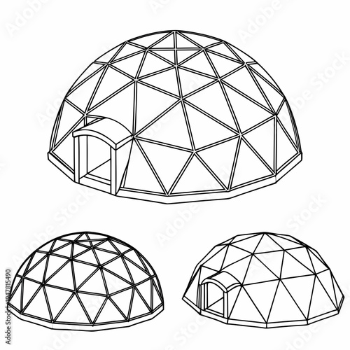 Vector illustration icons of geodesic dome structures in various stages of complexity on a white background