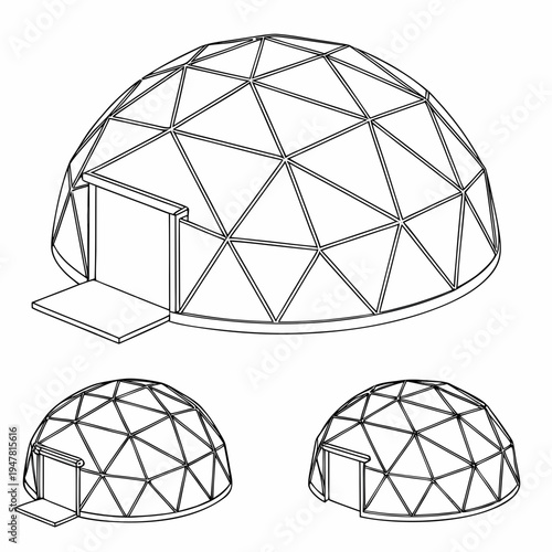 Vector illustration icons of geodesic dome structures in various stages of complexity on a white background
