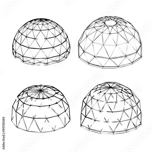 Vector illustration icons of geodesic dome structures in various stages of complexity on a white background