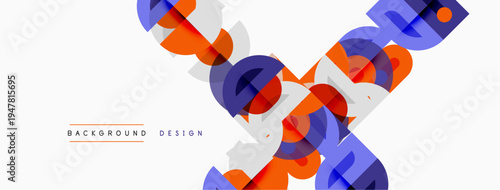 Abstract geometric shapes overlap, creating vibrant modern design. Orange, purple, blue hues dominate white background. Minimalist style.