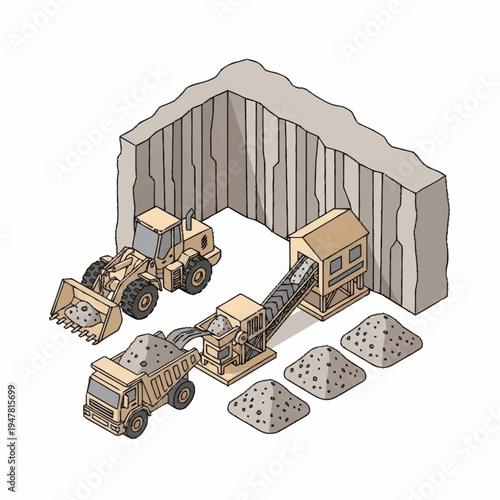 Isometric illustration of a quarry with a loader, conveyor, and dump truck.