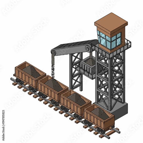 Isometric illustration of a coal loading station with train cars.