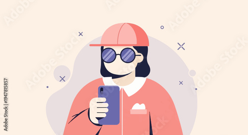 Person wearing cap and sunglasses taking picture with phone