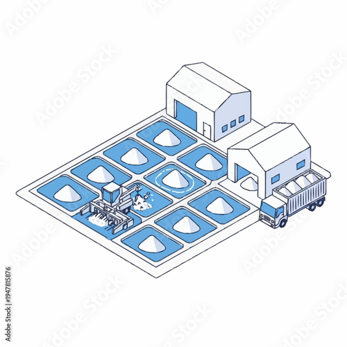 Isometric illustration of a salt farm with evaporation ponds and harvesting equipment.