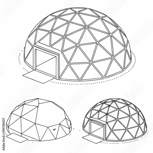 Vector illustration icons of geodesic dome structures in various stages of complexity on a white background