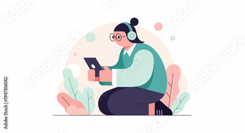 Person with headphones looking at a tablet, surrounded by abstract plants and circles
