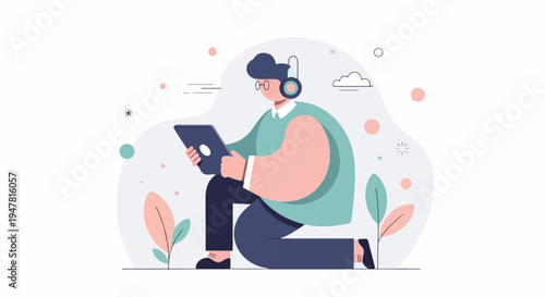 Person with headphones on knees holding a tablet, surrounded by abstract shapes