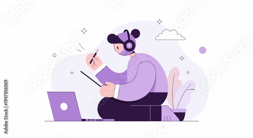 Person with headphones on laptop and stylus creating art digitally