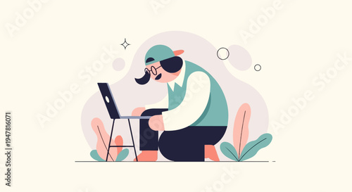 Person wearing glasses and cap using laptop surrounded by abstract shapes and plants