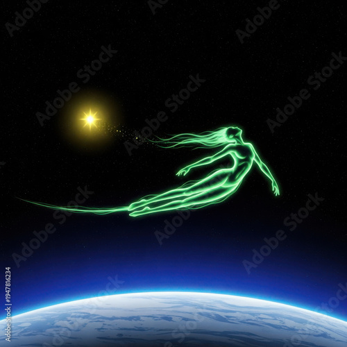 Cosmic squid gliding through the celestial ocean amidst stars and earth’s horizon