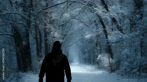 雪が舞う冬の森の静かな曲がり小道の風景写真