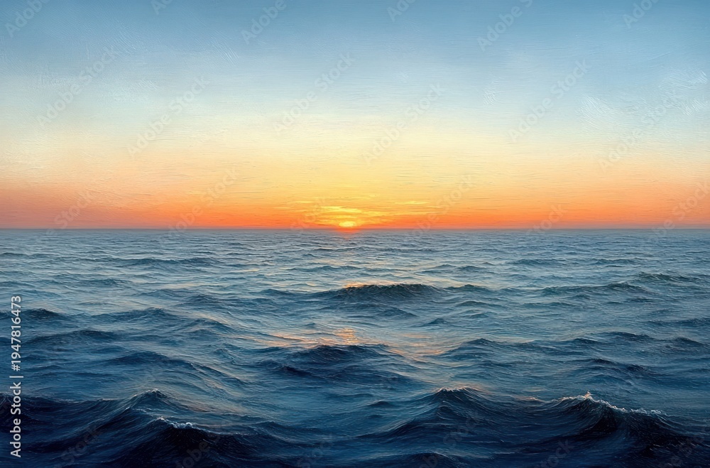 Obraz premium serene ocean sunset with rolling blue waves and a warm golden horizon under a pastel sky