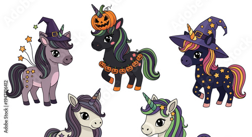 Cute Halloween Unicorns in Witch Hats with Pumpkin and Stars