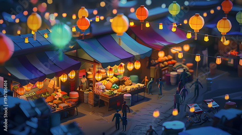 3D isometric low-poly clay illustration of a night market stall