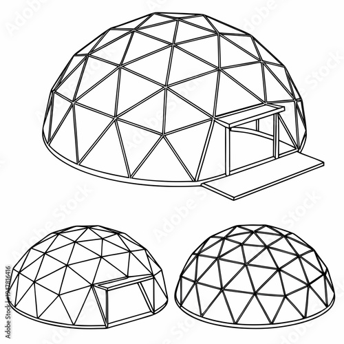 Vector illustration icons of geodesic dome structures in various stages of complexity on a white background
