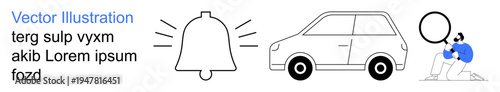 Notifications, transportation, analysis, communication, research, search concepts. Bell icon, car illustration individual examining with magnifying glass. Notifications and transportation