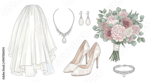 Elegant Wedding Accessories Collection: Veil, Shoes, Jewelry, and Bouquet