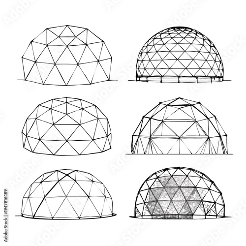 Vector illustration icons of geodesic dome structures in various stages of complexity on a white background