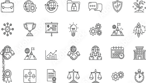 Business Line Icon Set for Global Strategy, Financial Growth, Legal Compliance, Team Collaboration, Project Management, Startup Success, and Corporate Development.