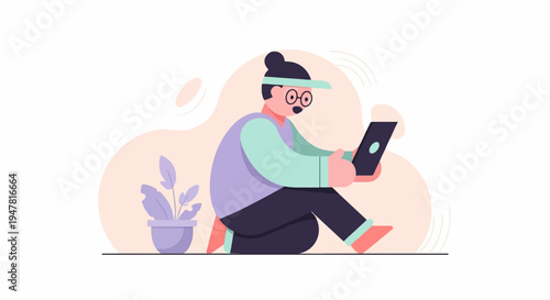 Person wearing glasses and visor sitting down and looking at a tablet