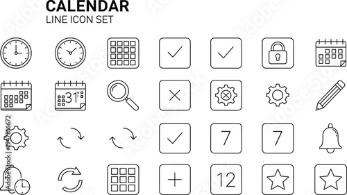 Calendar and schedule line icon set featuring time management symbols, clocks, appointment planners, dates, reminders, checkmarks, and task organizer elements.