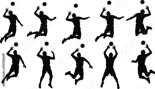 volleyball, player, silhouettes, sport, jumping, spike, block, action, athlete, competition, game, training, motion, team, fitness, isolated, black, dynamic, pose, collection