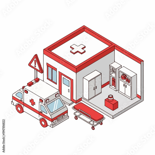 Isometric illustration of a hospital with an ambulance and medical equipment.