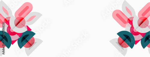 Abstract floral design. Overlapping shapes create delicate patterns. Pink, teal, gray hues dominate composition. Minimalist aesthetic.