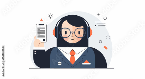 Person in suit and headphones holds up a phone with text content