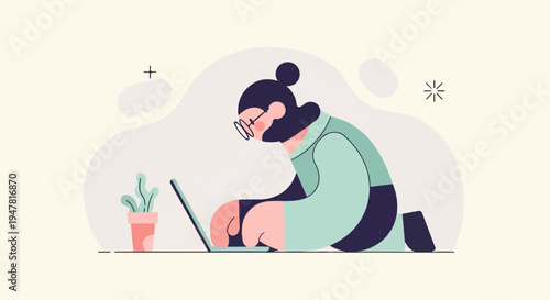 Person wearing glasses focused on laptop, potted plant nearby, abstract shapes