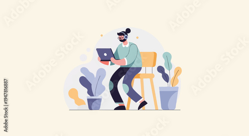 Person with headphones sitting and working on a laptop surrounded by plants