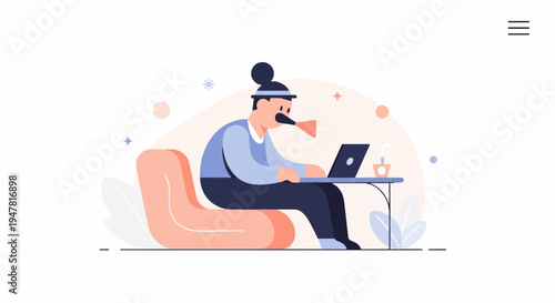 Person with novelty nose at laptop, seated comfortably