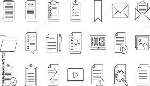 Document and Office Management Line Icon Set Featuring Paper Folders, Checklists, Mail Envelopes, Clipboards, Search Files, Video Play, and Data Report Graphics